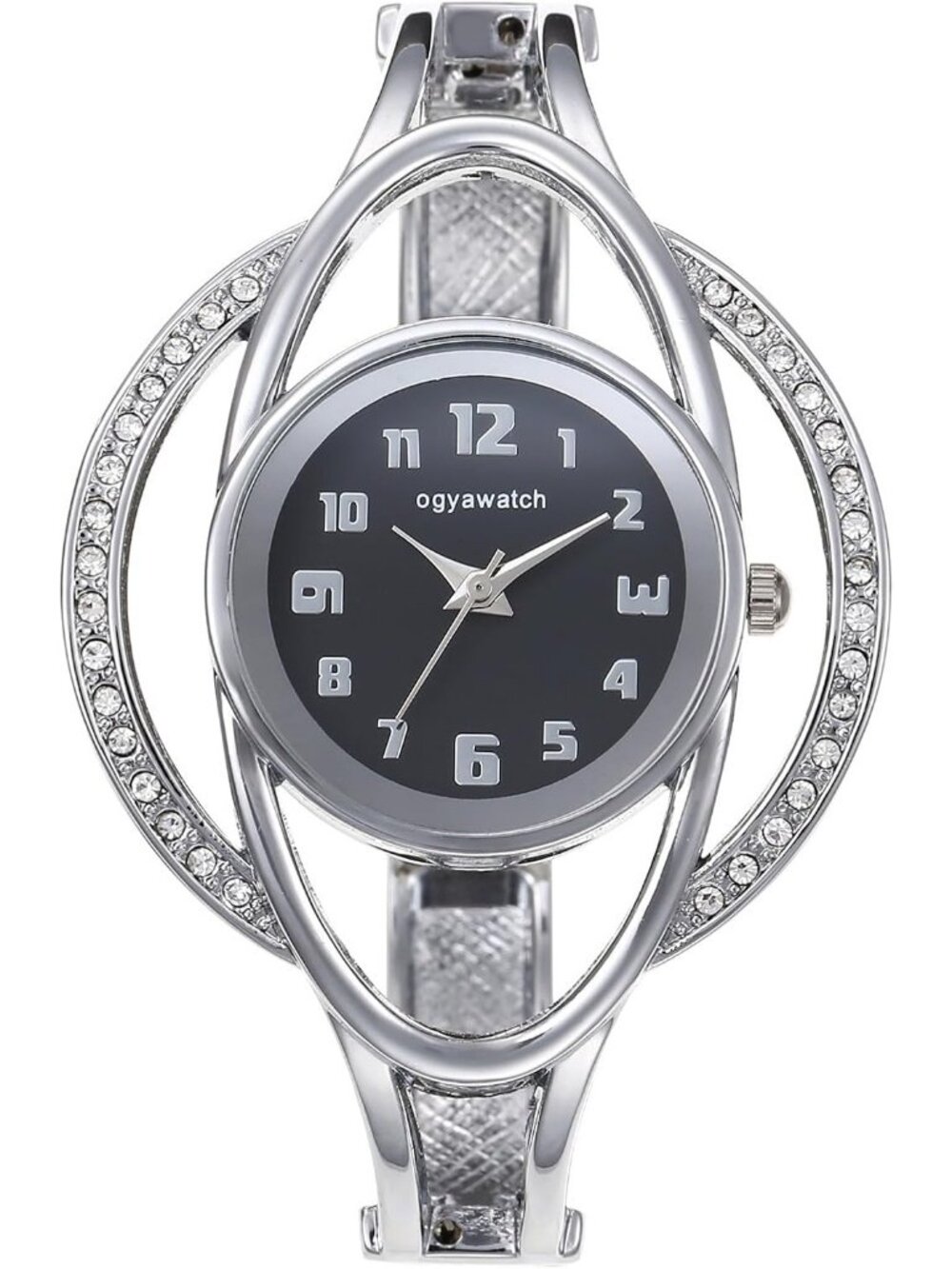 Women's Silver Black Stainless Steel Chunky Cuff Zircon Hollow Bezel Case Watch